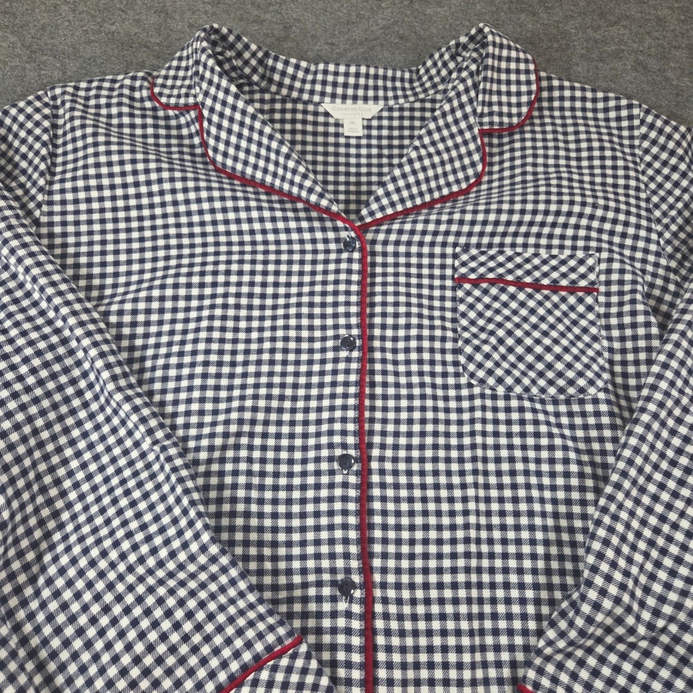 Charter Club Intimates Womens XXL Gingham Pajama Set Navy White Red Cotton 2pc